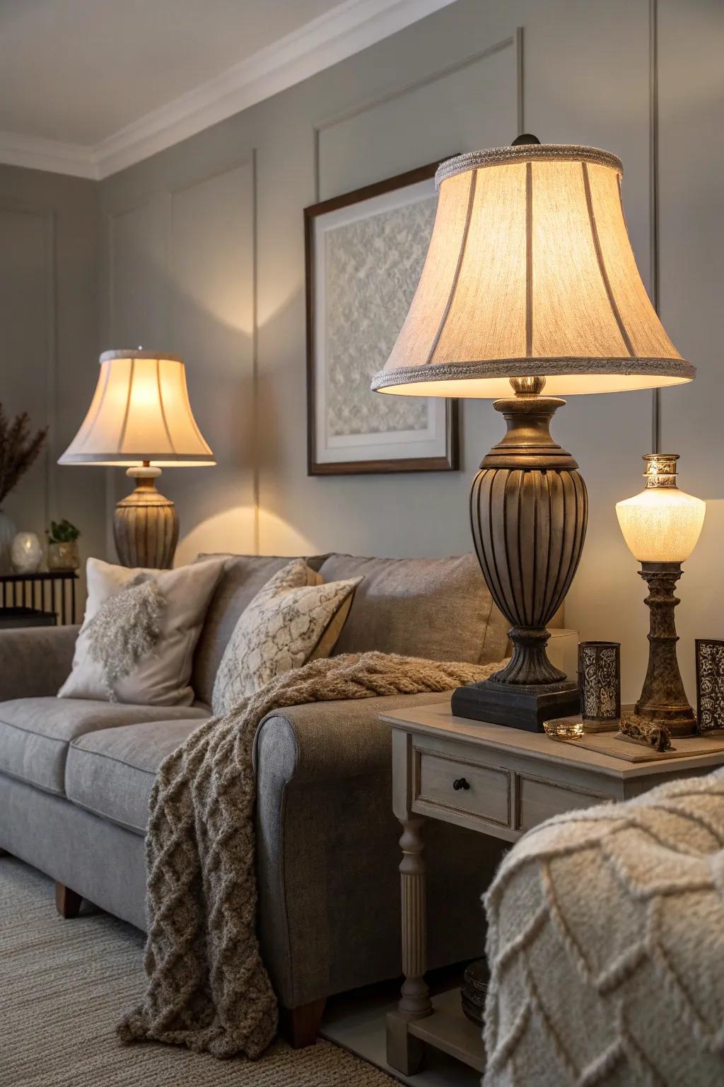 Warm lighting makes a gray room feel extra cozy.
