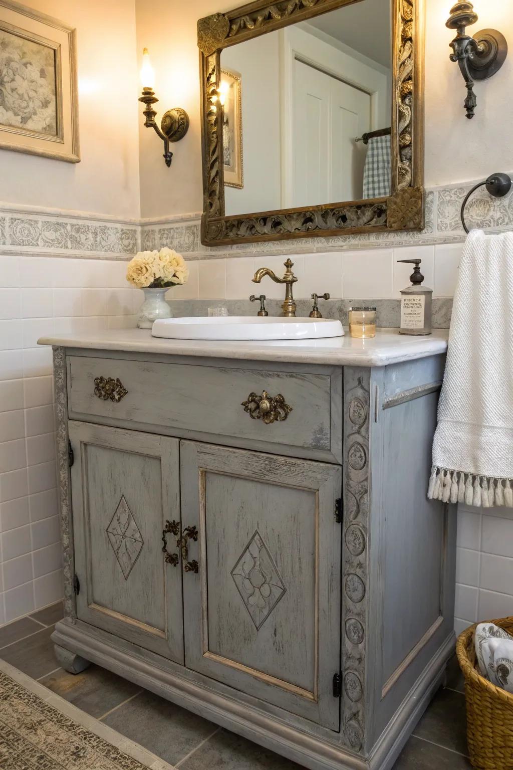 A vintage gray stand adding classic charm to the lavatory.