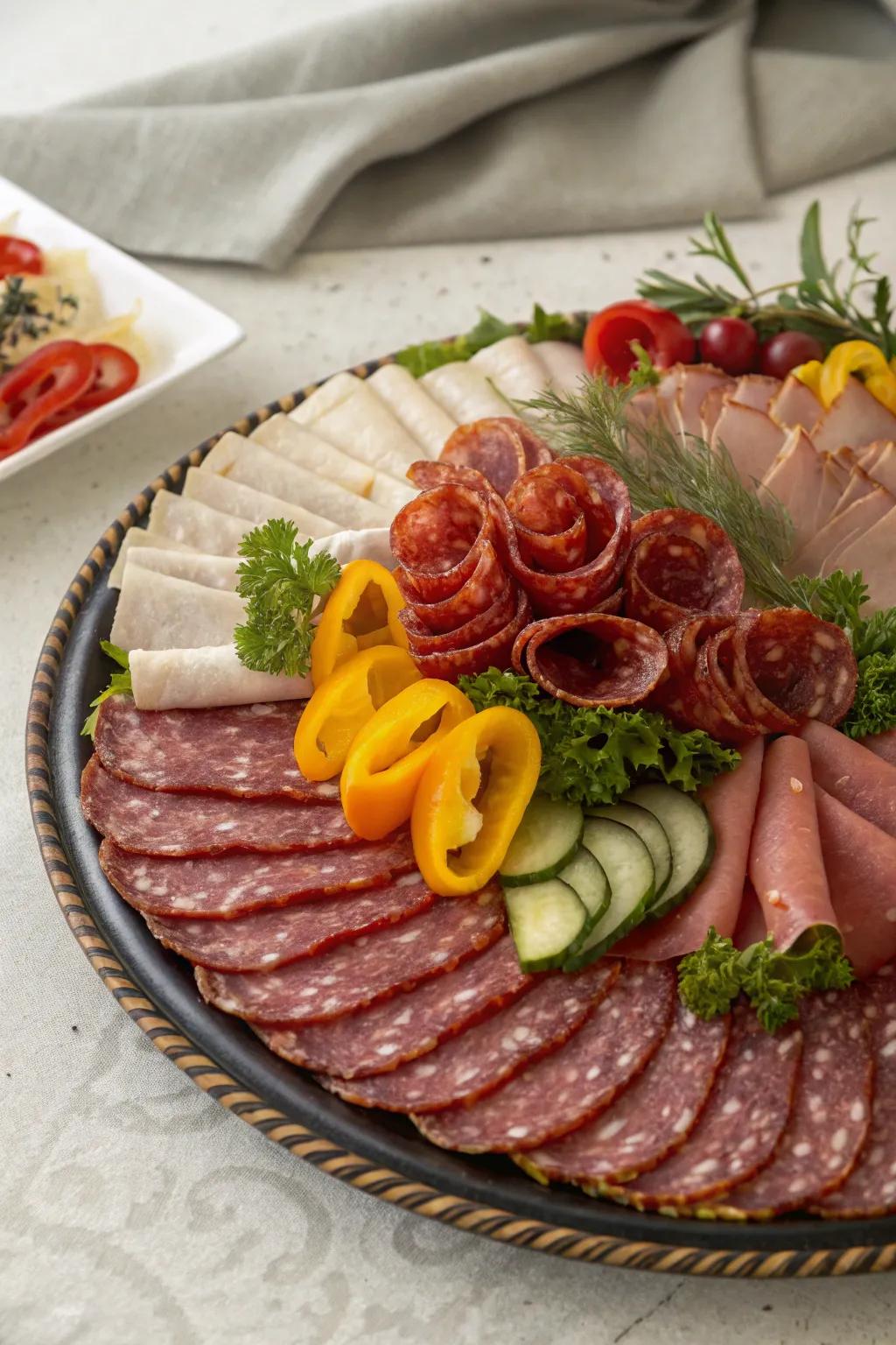 A pleasurable preserved meats display with rolled meats for an elegant feel.