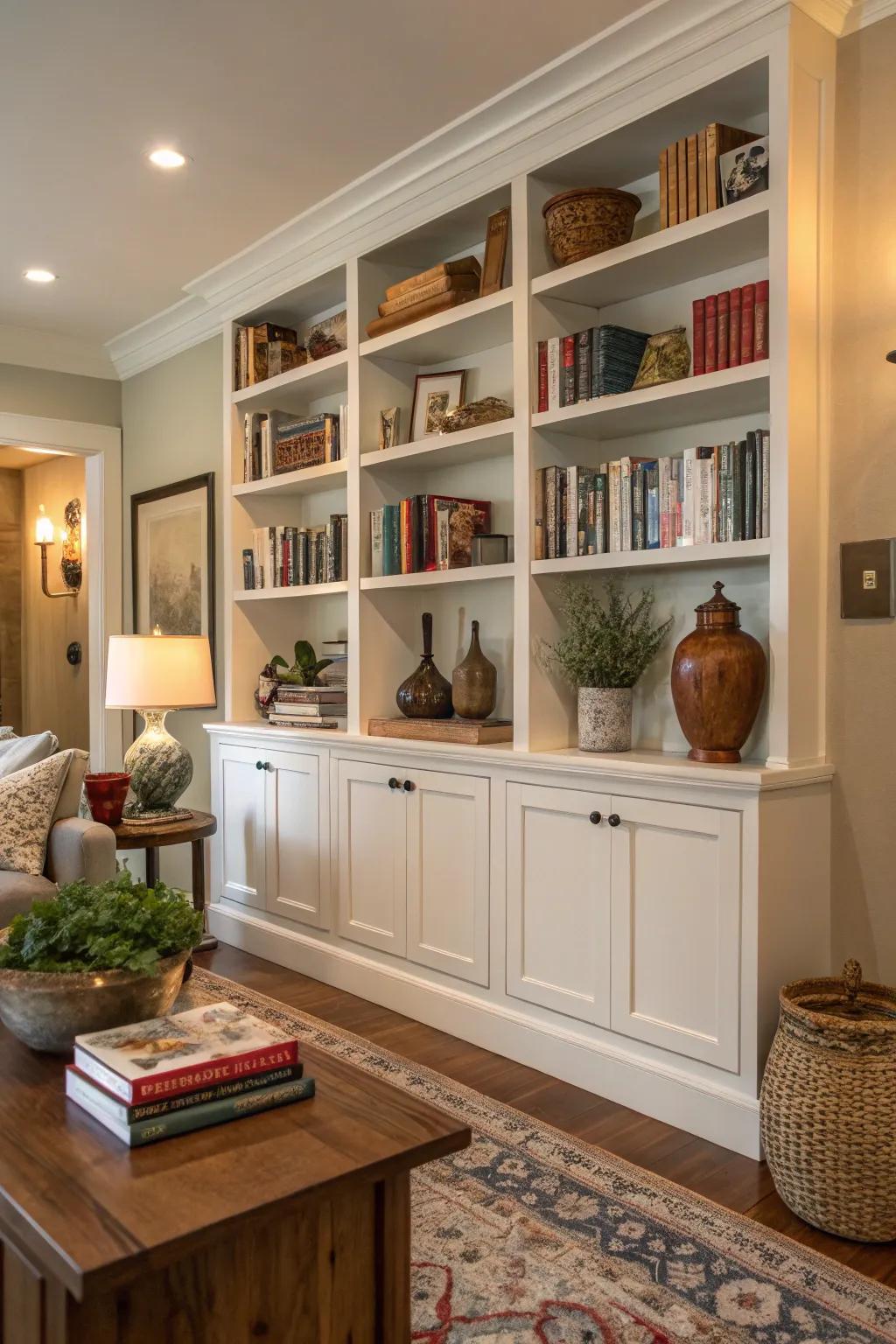 Custom bookshelves add storage and flair to the great room.