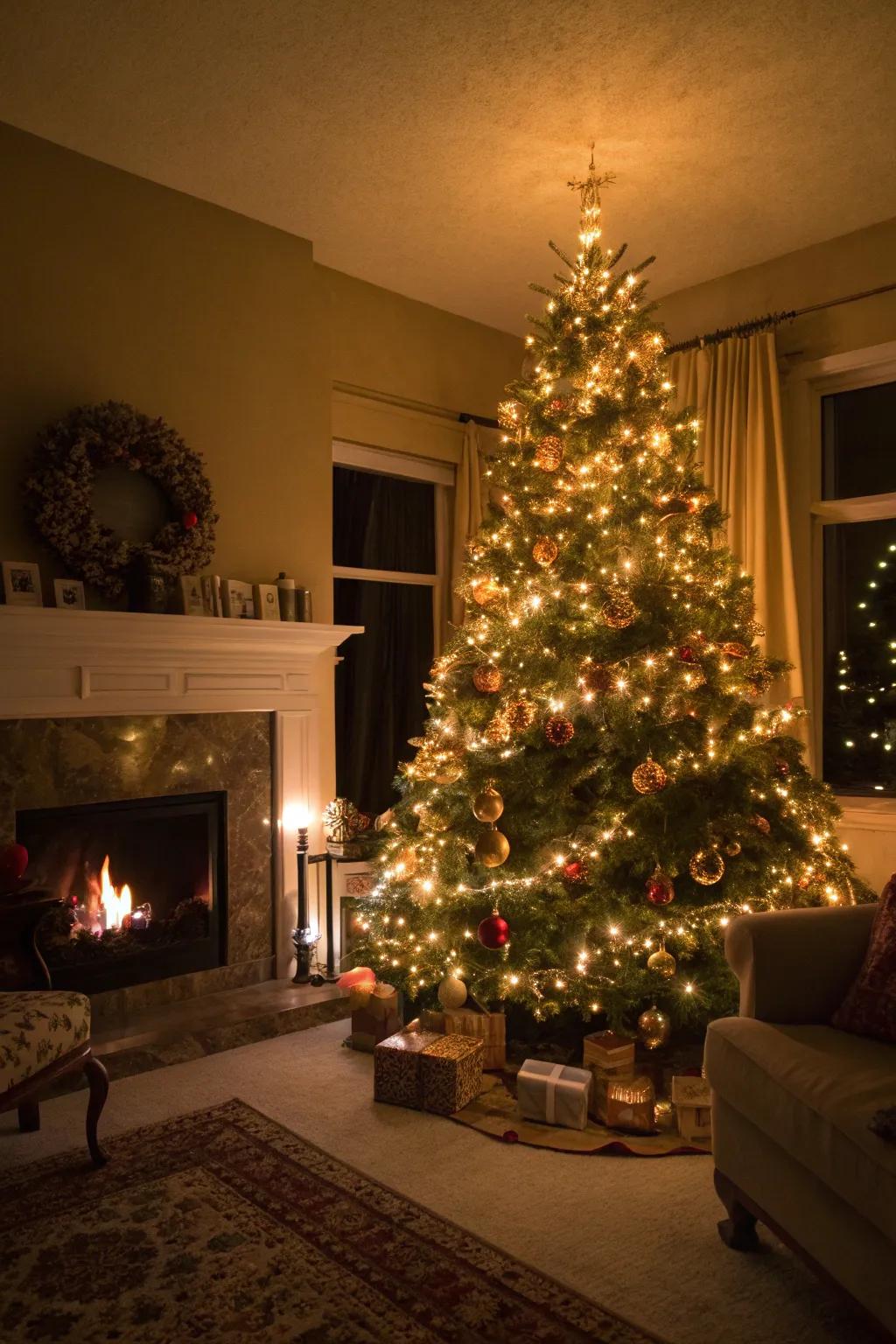 Cozy glimmer lights casting a warm glow on a Christmas tree