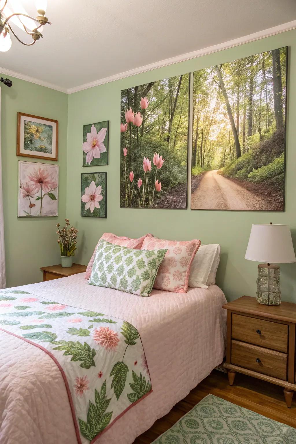 The exquisite complement that nature-inspired art provides to green and rose themes.