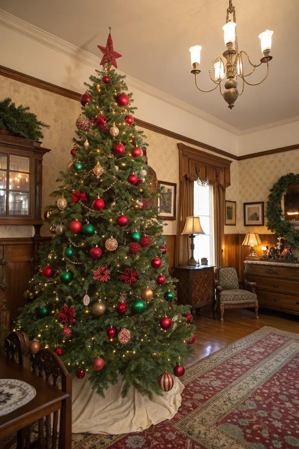 A delightful vintage-themed Christmas tree showcasing crimson and emerald ornaments.