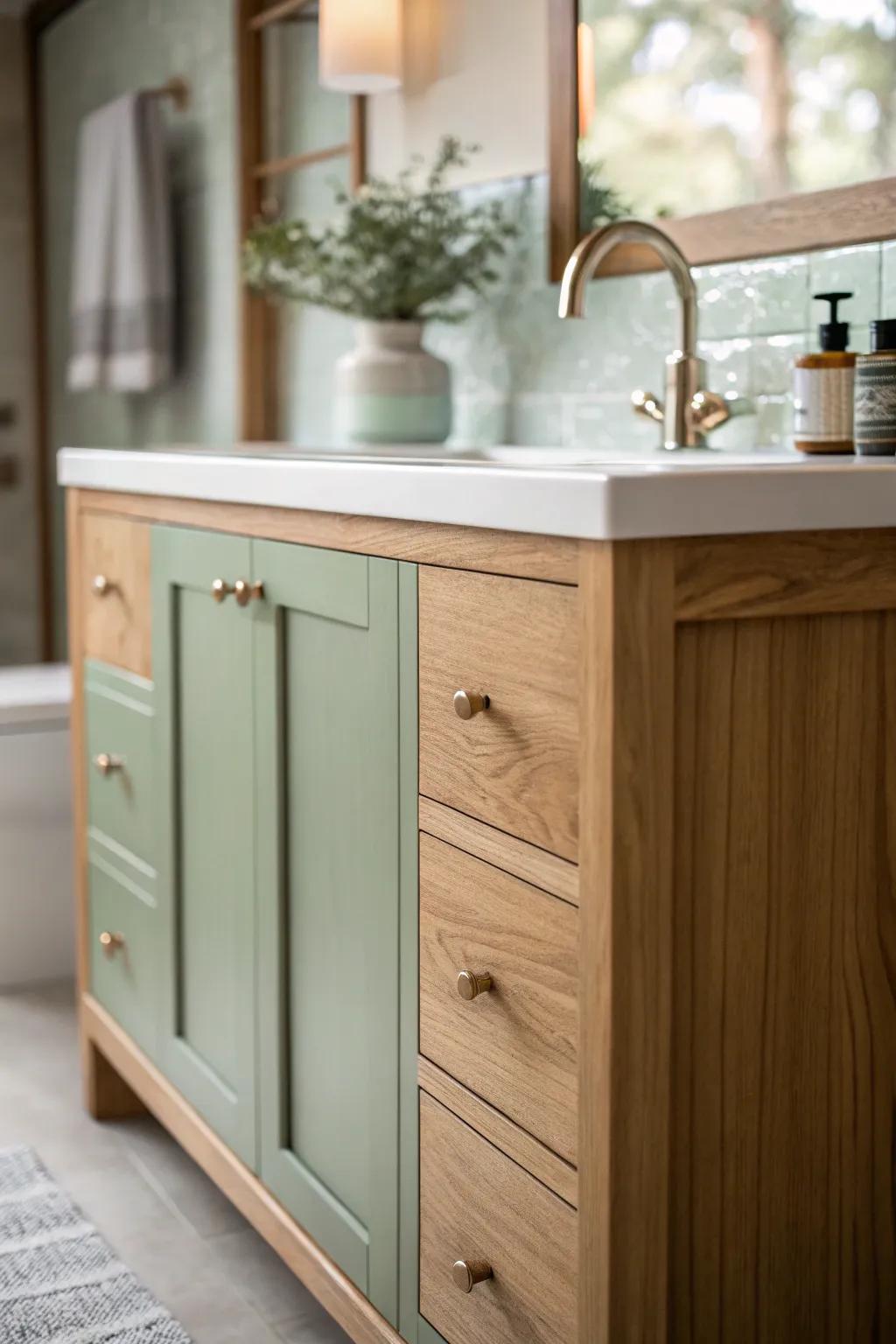 A sage green vanity producing a peaceful Zen-like area.