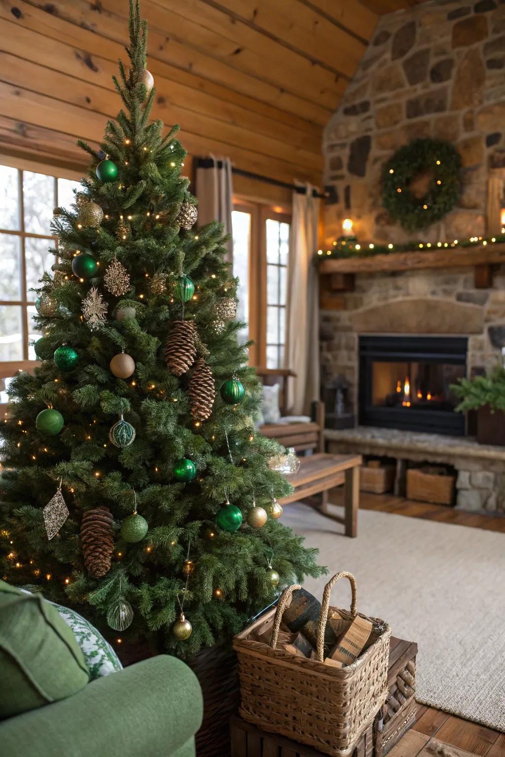 Rustic allure with emerald ornaments and woodland cones.