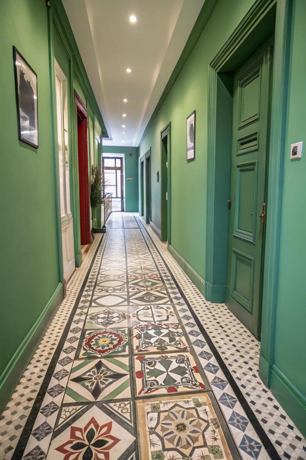 Geometric tiles bring a modern edge to this green-themed hallway.