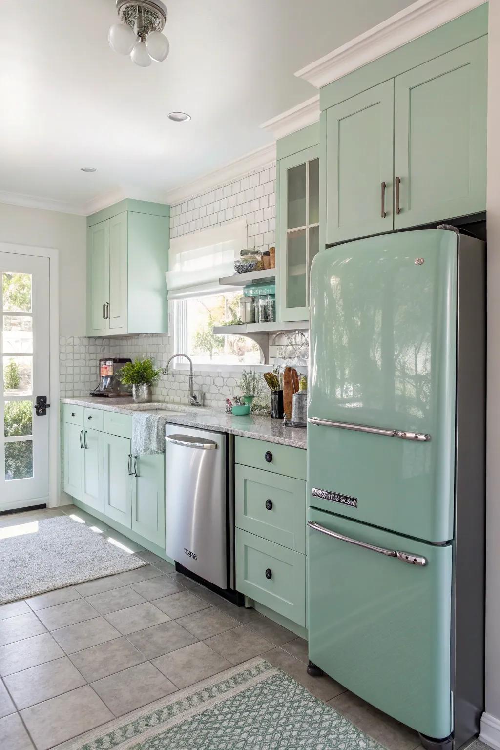 Spearmint green cabinets introduce a vibrant and fresh touch to the culinary space.