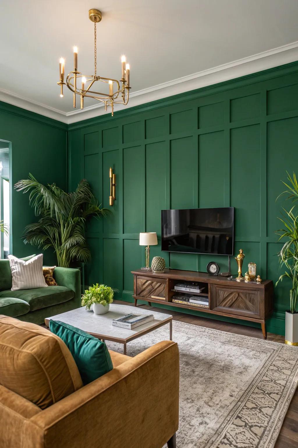 A vibrant green statement wall introduces flair and fascination.