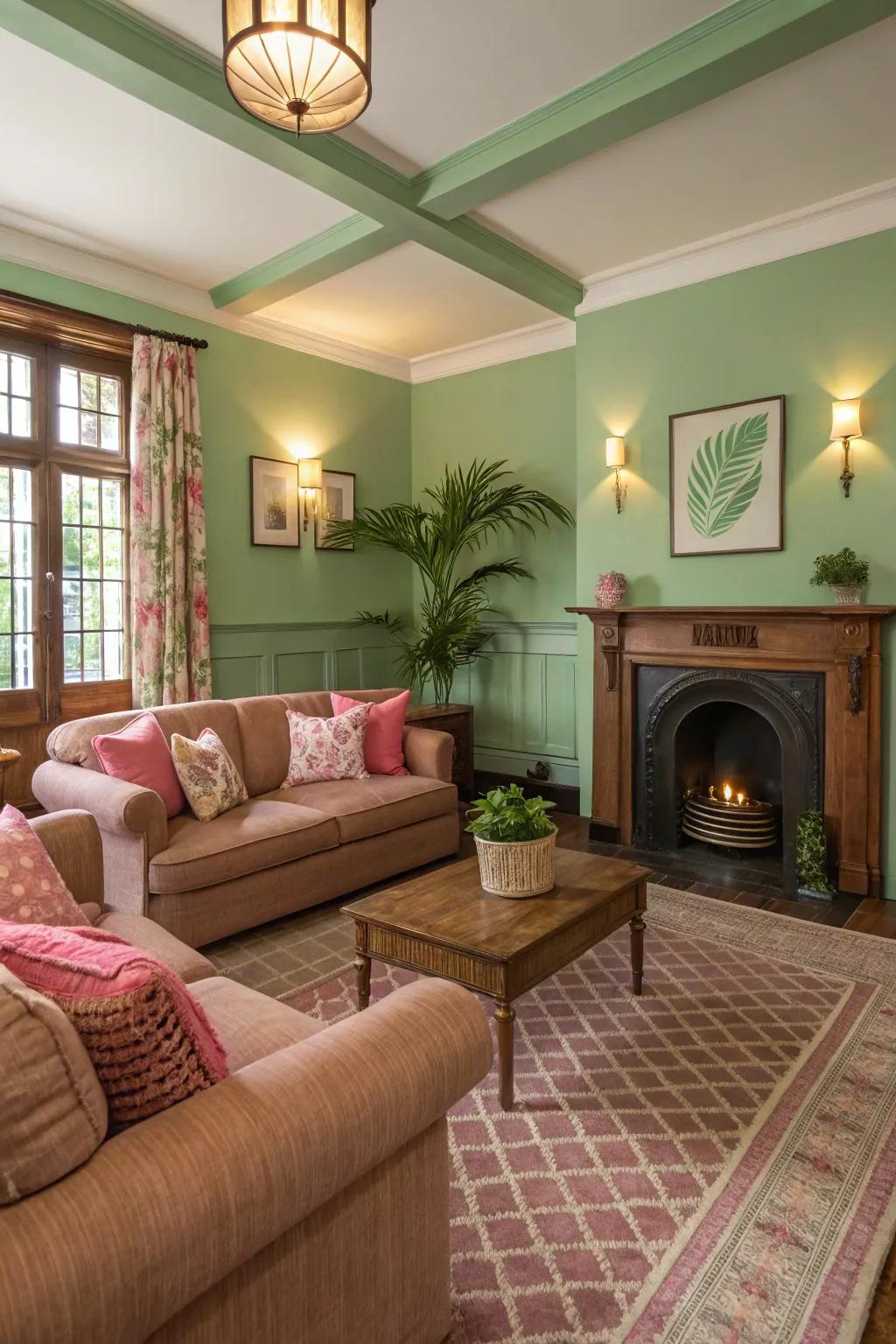 Soft coral and tan accents add warmth to this green-themed room.
