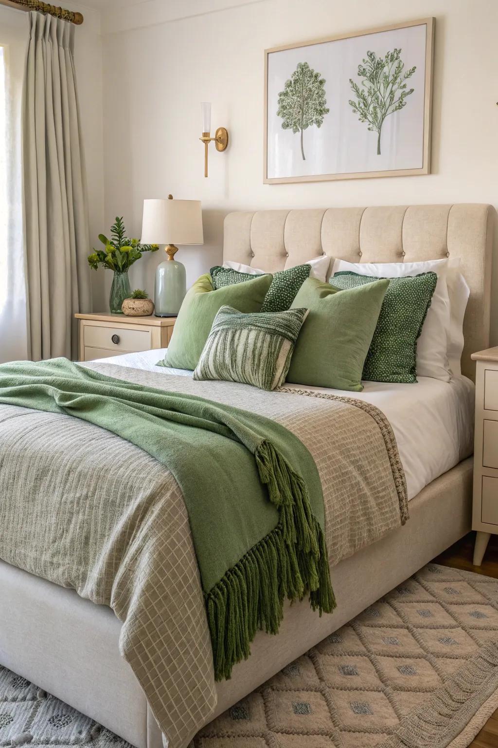 Green bedding highlights breathe new life into the bedroom.