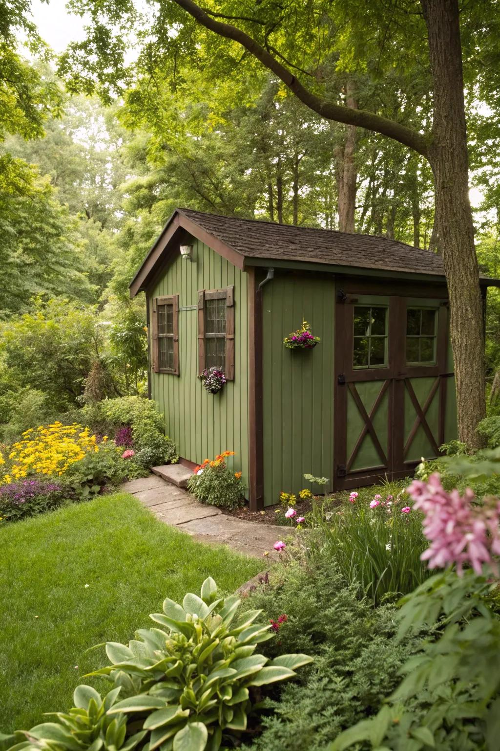 A leafy colored shed blends perfectly with the surrounding natural elements.
