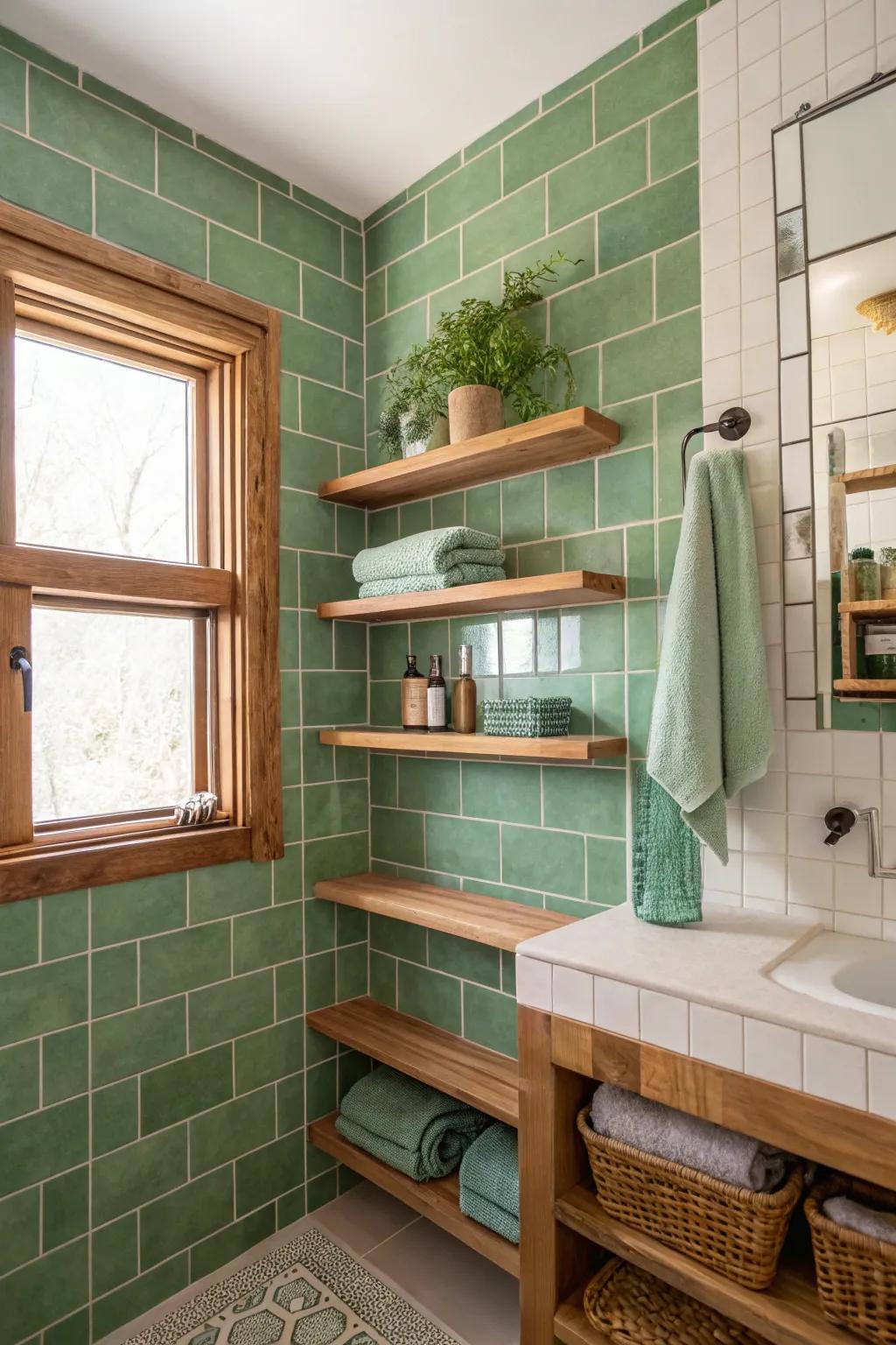 Green tiles and timber join forces to conjure a serene, earthy vibe.