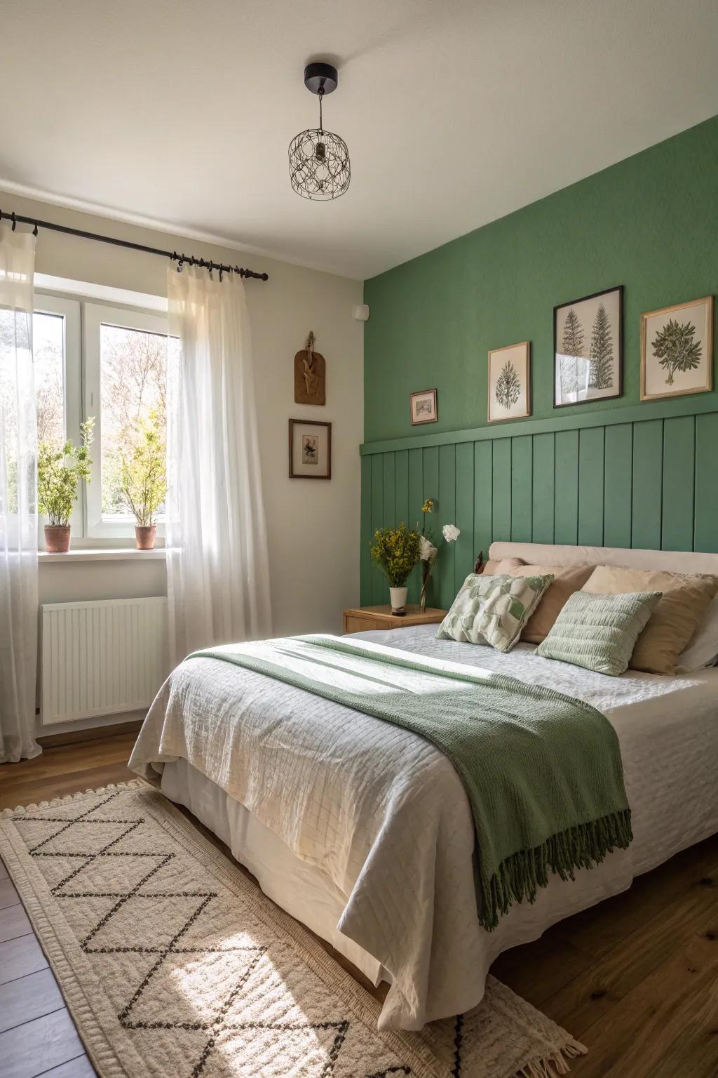 An abundant, verdant feature wall produces a welcoming and comfortable bedroom ambiance.
