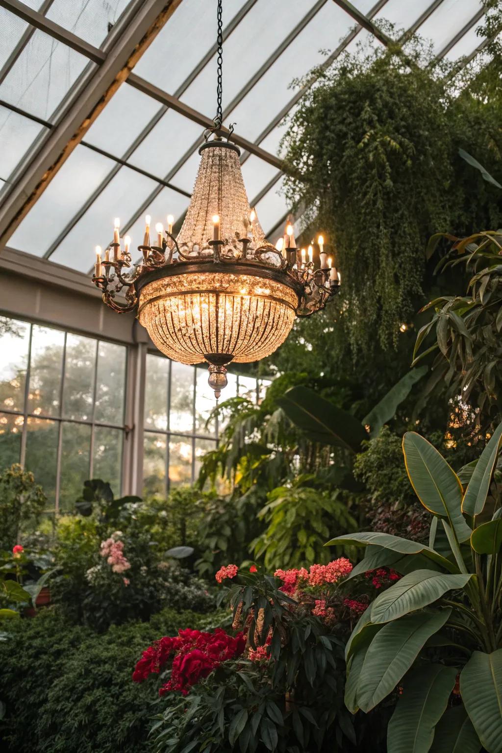 A classy hanging light adds flair to a greenhouse.