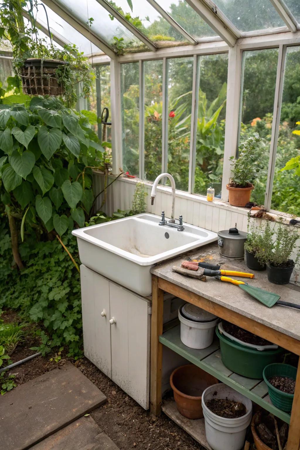 A small-scale nook sink maximizes space in a compact greenhouse.