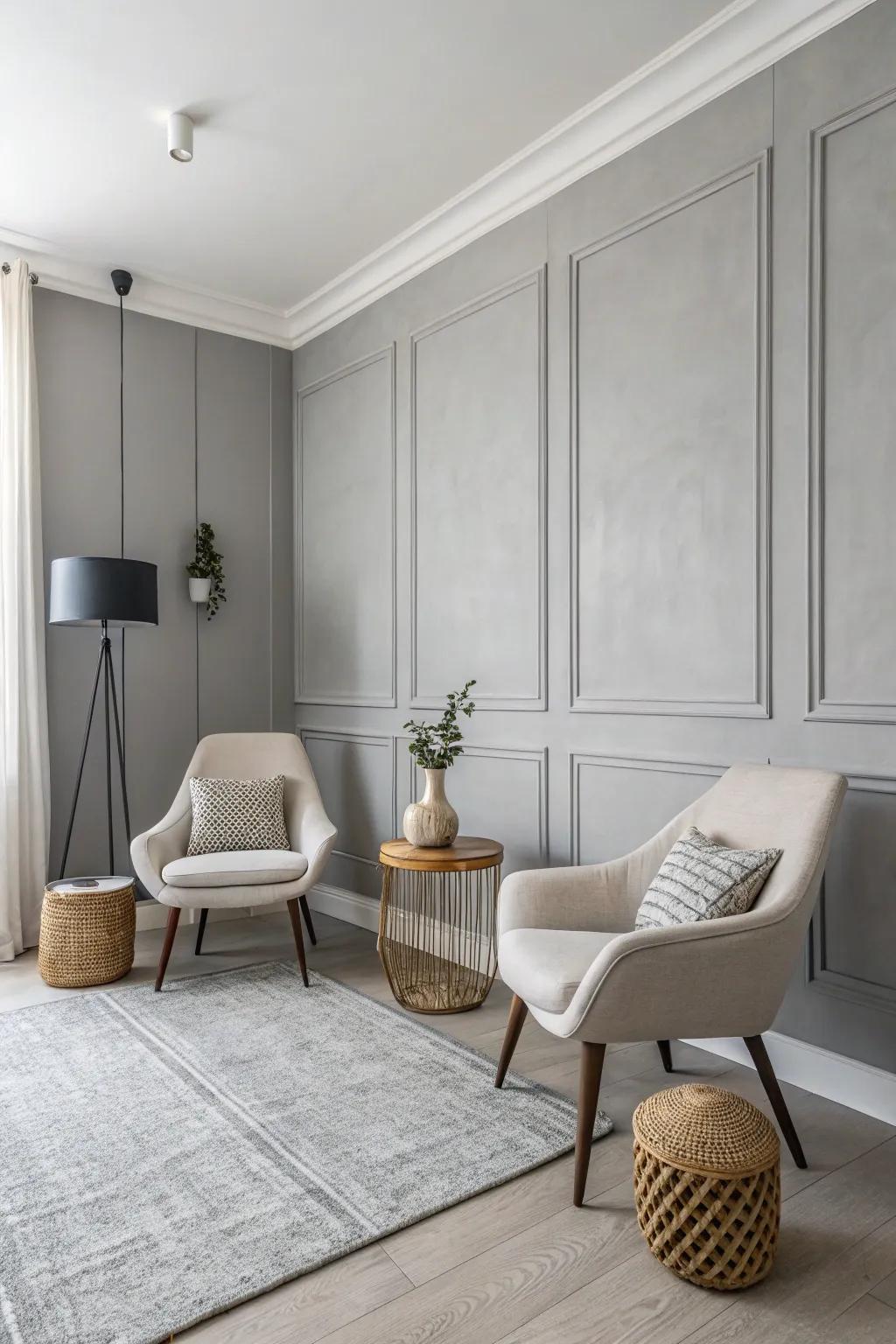 A minimalist room highlighted by a clean grey accent wall.