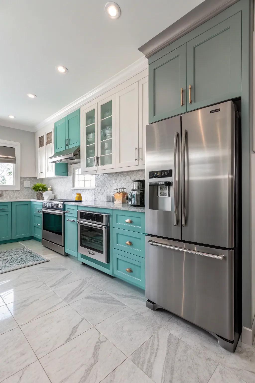 Stainless steel kitchen machines contribute a current edge to the design.