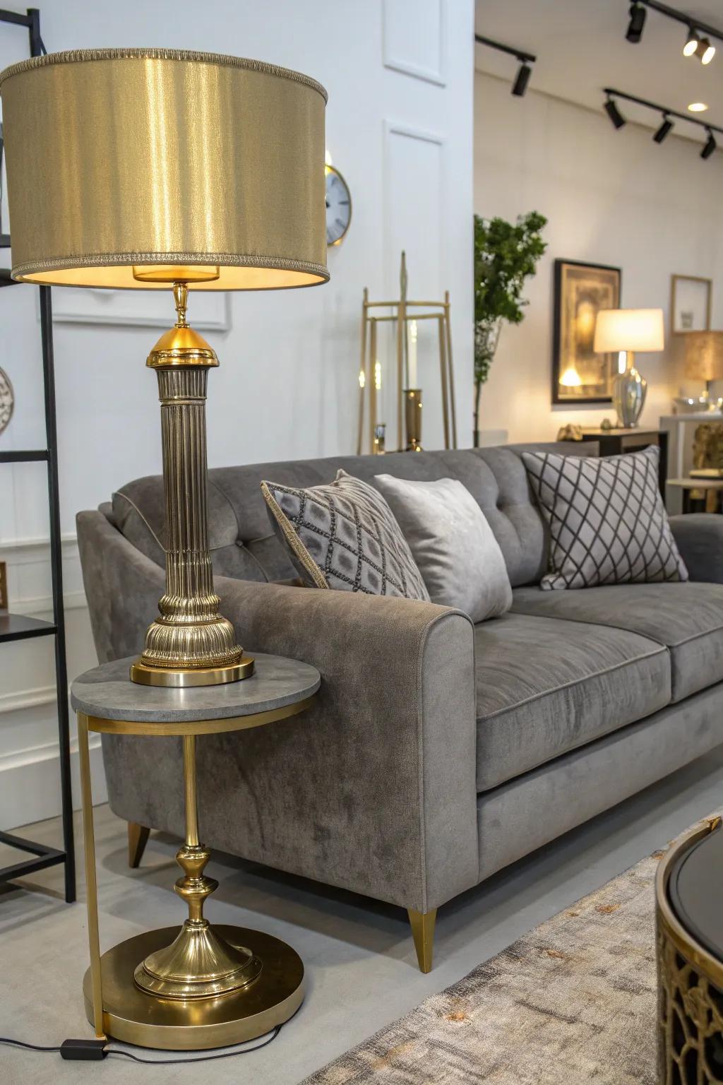 Gray sofa styled with sophisticated metallic accents.