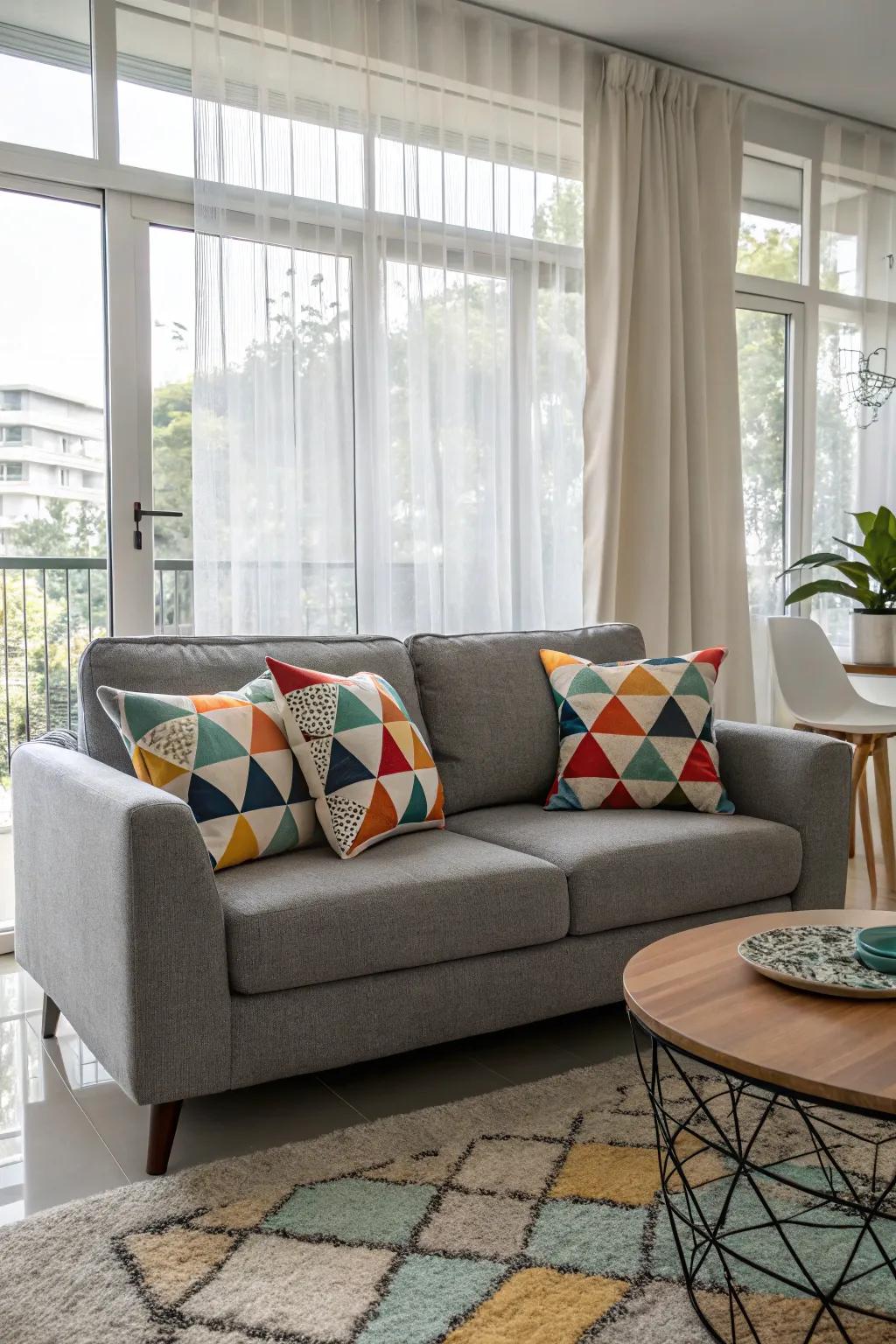 Geometric patterns give the decor a vibrant, contemporary touch.