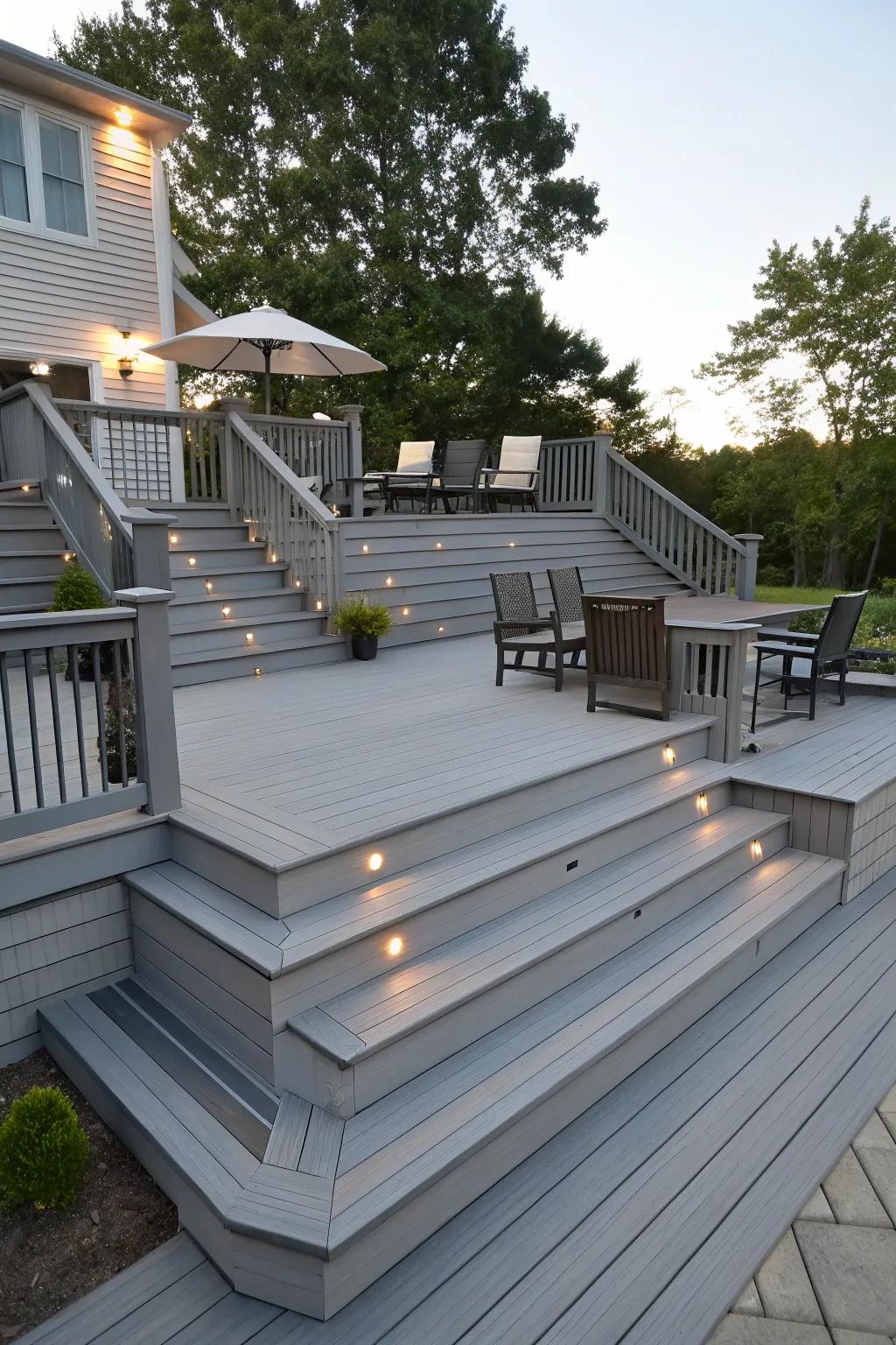 A tiered grey deck establishing distinct functional zones.