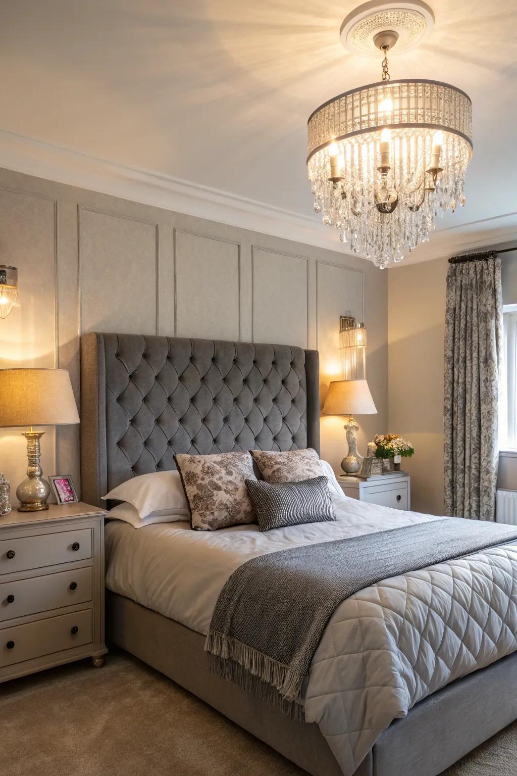 A bedroom with a grey headboard, lit by both a hanging light and lamps.