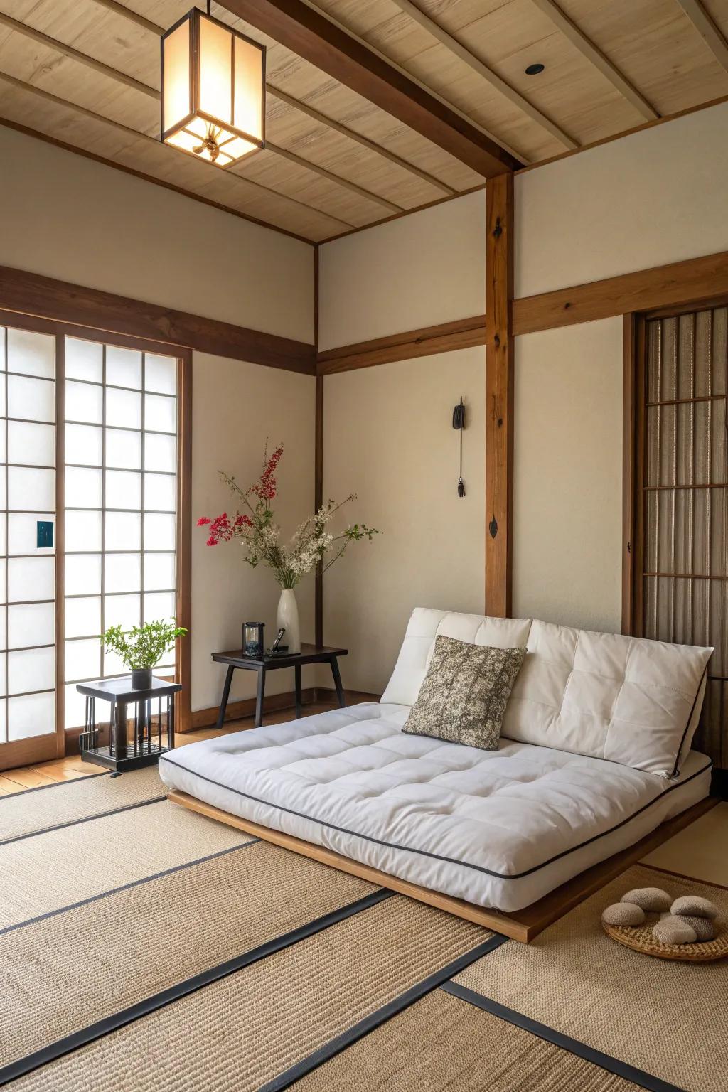 A simple futon that works as a place to sit and a place to sleep.