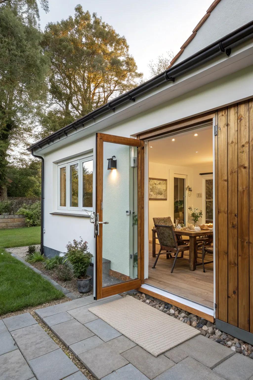 A guest house with sliding doors that perfectly blend the inside and outside spaces.