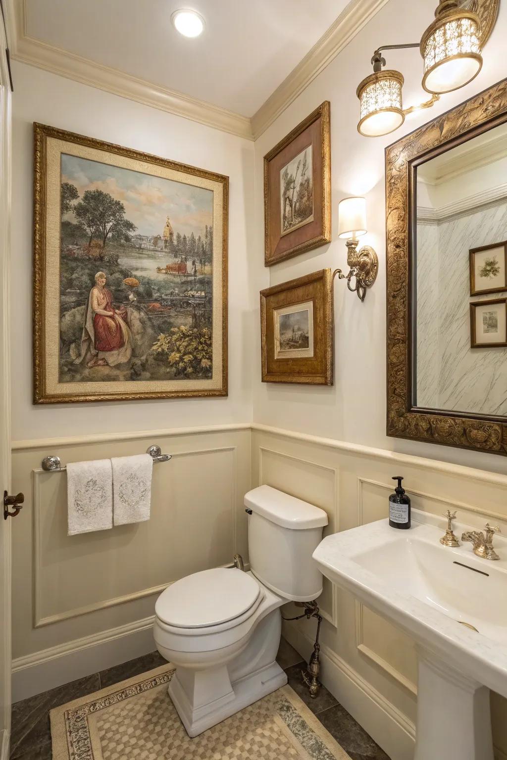 Classic art pieces introduce a special panache to your powder room.
