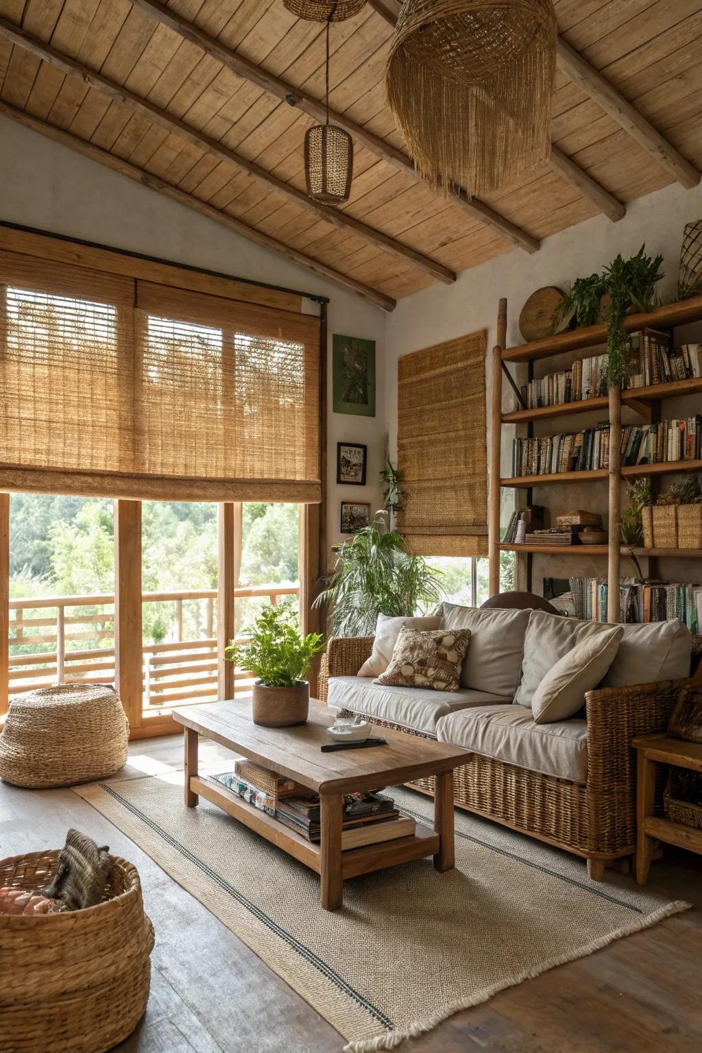 A rustic living room is beautifully appointed with bamboo half blinds.