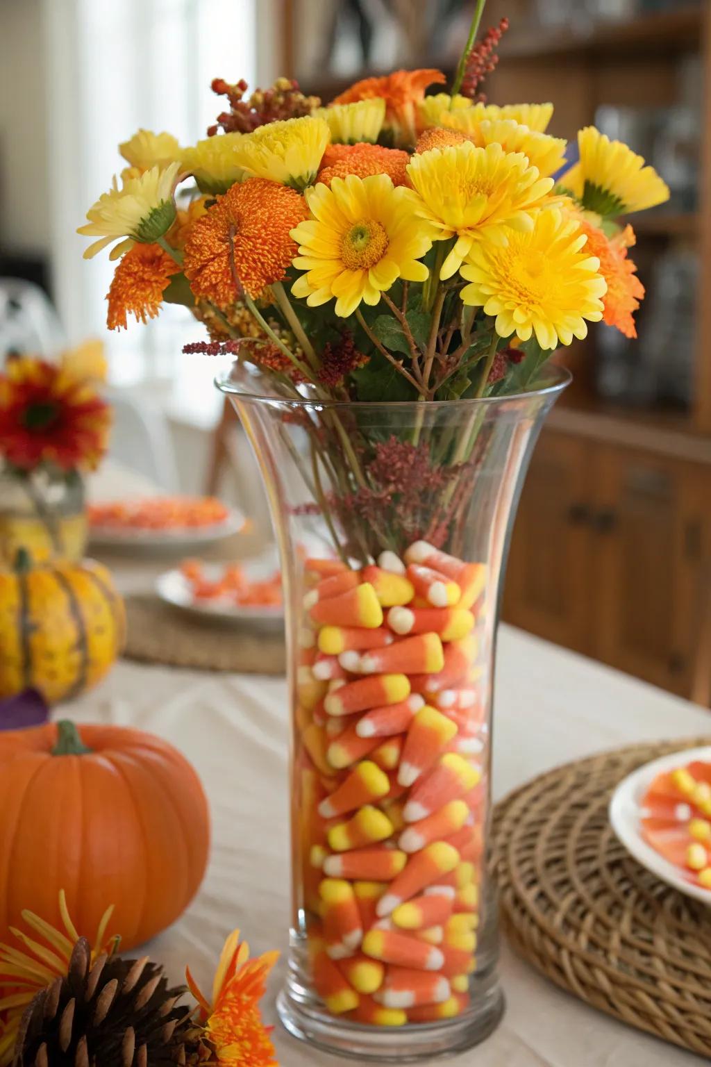 Layered festive sweets incorporate a playful aspect to this Halloween bouquet.