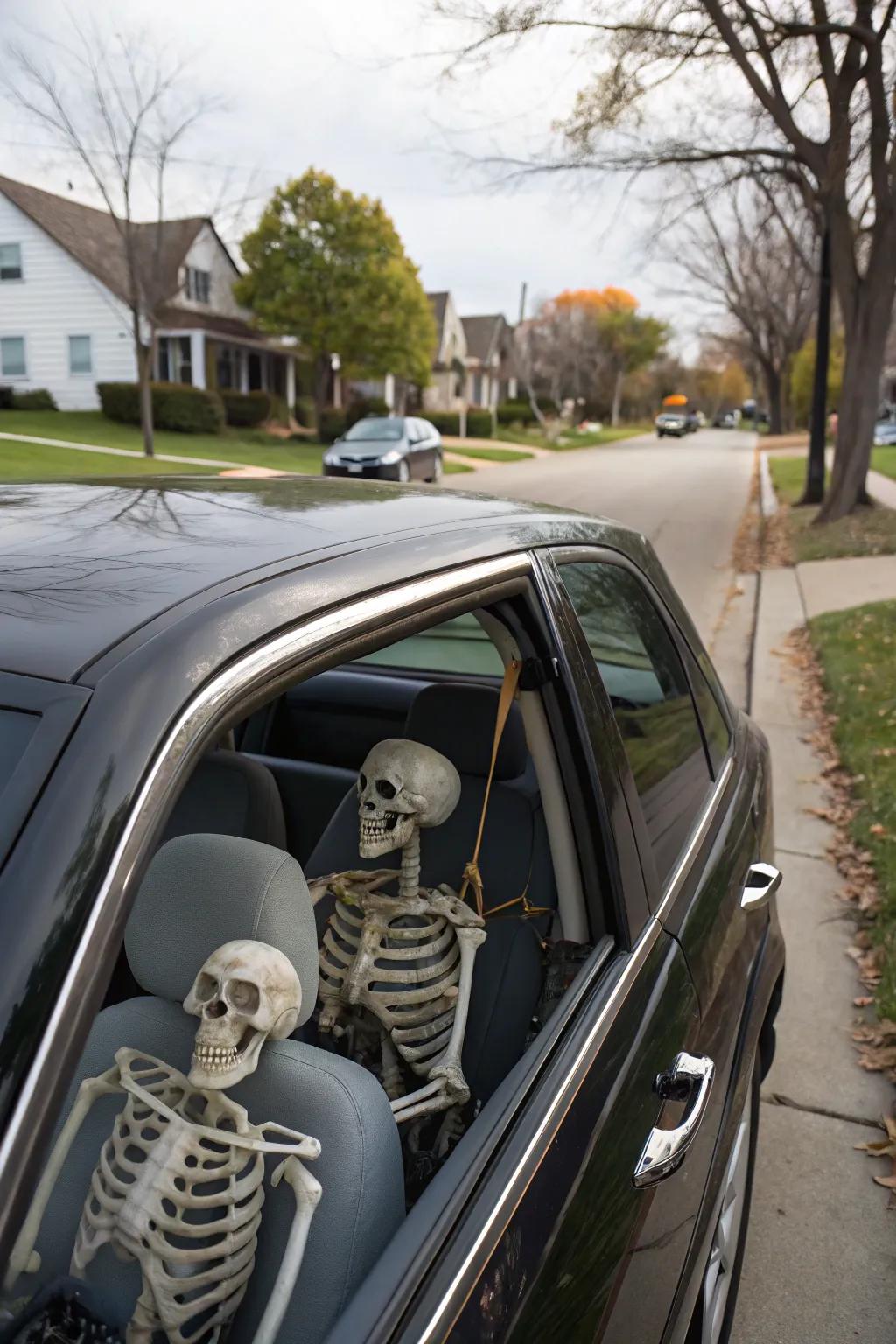 Skeletons act as spooky and humorous travelers.