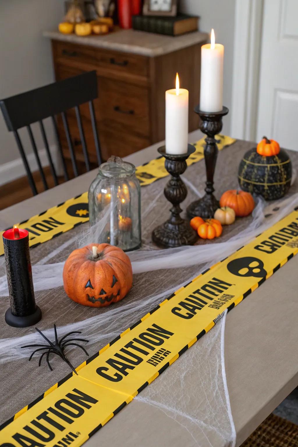 An eerie dining arrangement utilizing hazard ribbon as a runner.