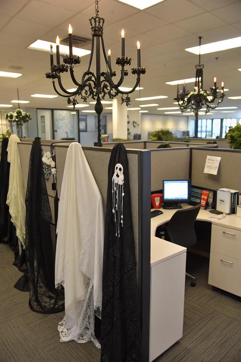 Achieve gothic elegance with layered textiles and haunting accents.