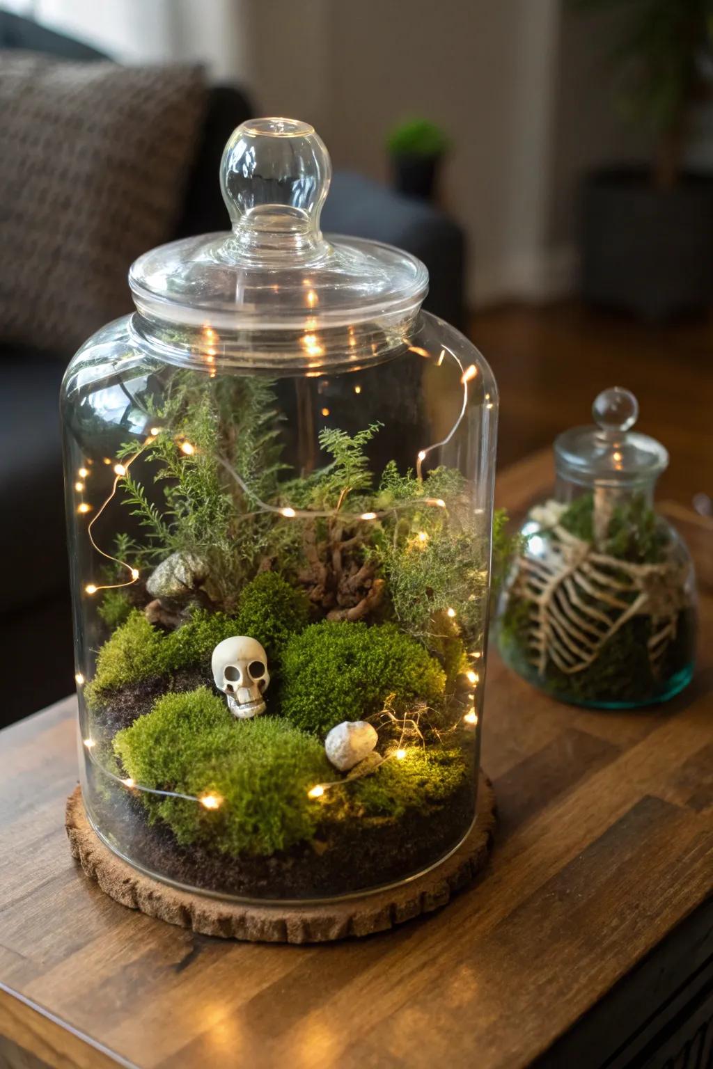 Convey a shrunken ghostly realm indoors using a spooky enclosure.