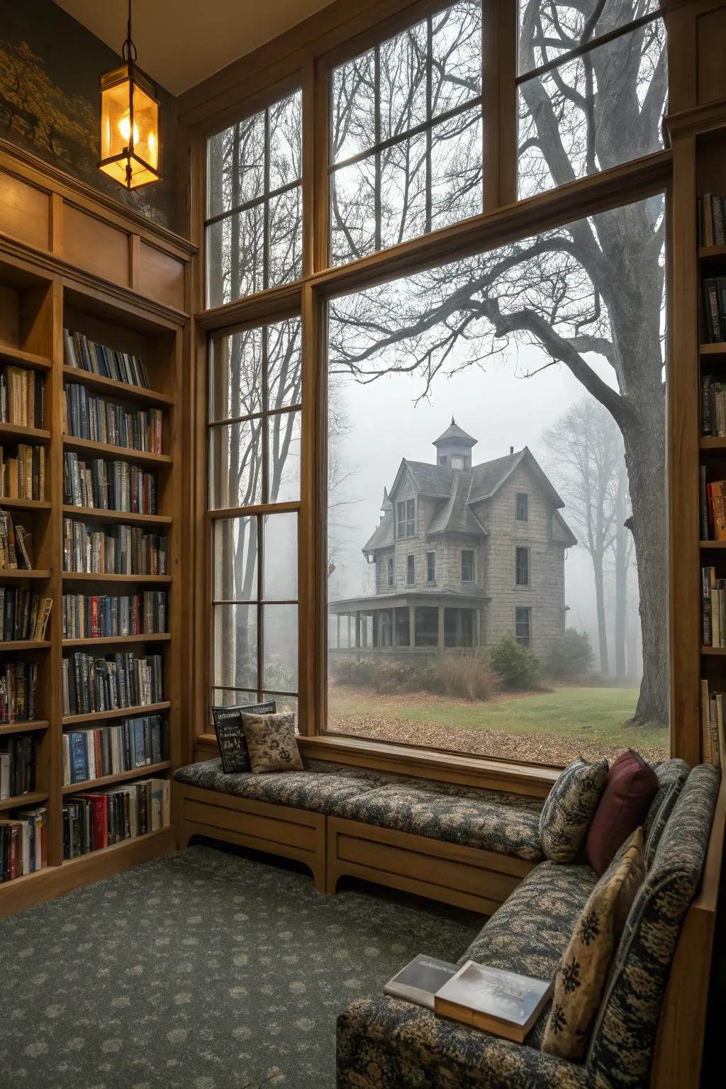 Ghostly panes infuse a chilling atmosphere.