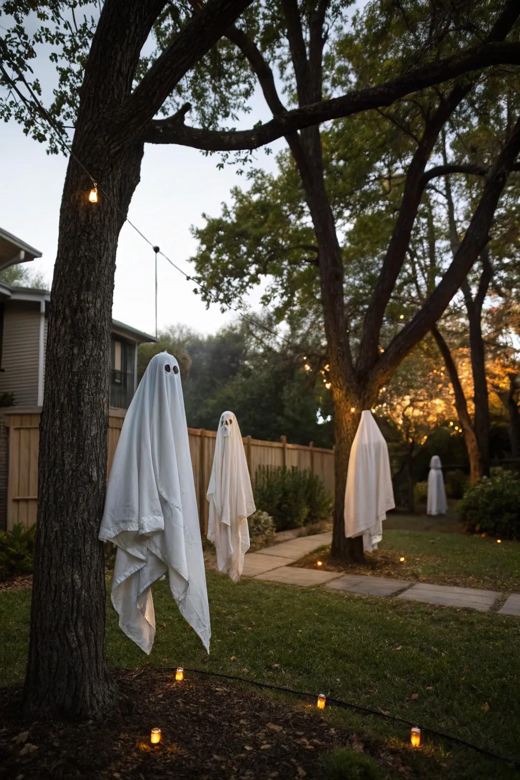 Craft a spooky vibe with levitating ghostly figures.