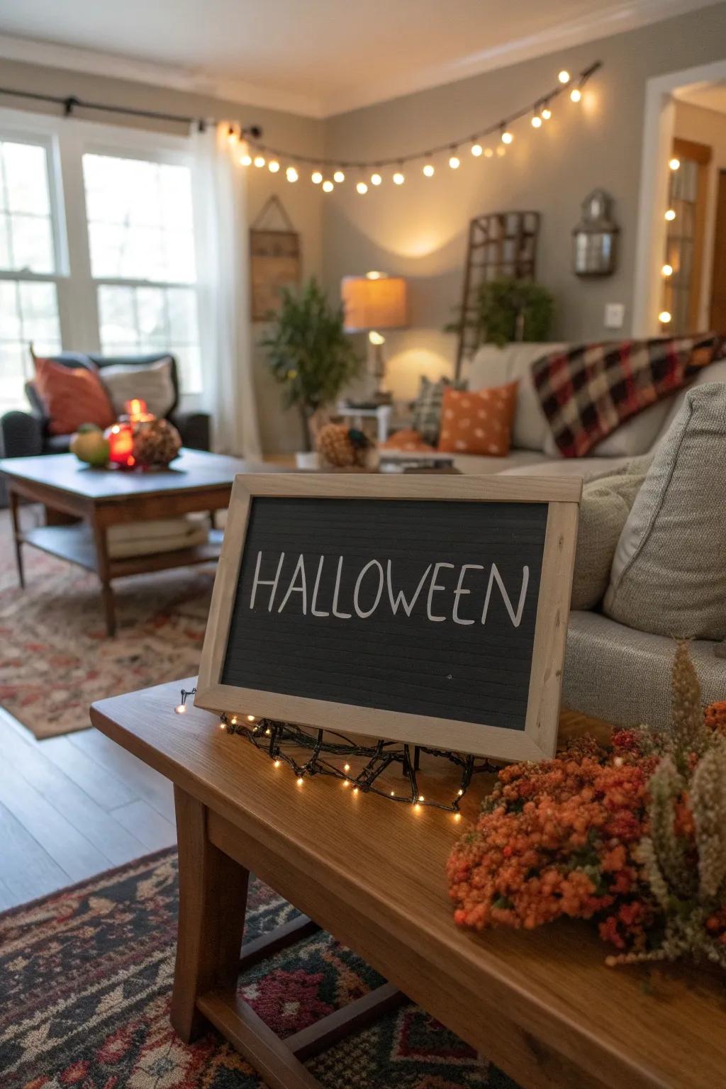 A versatile chalkboard sign displaying a Halloween message.