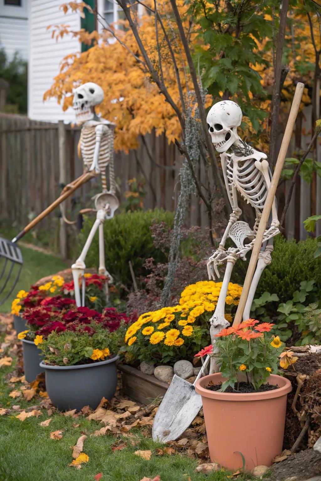 Cultivating skeletons append a lively constituent onto your backyard Halloween adornments.