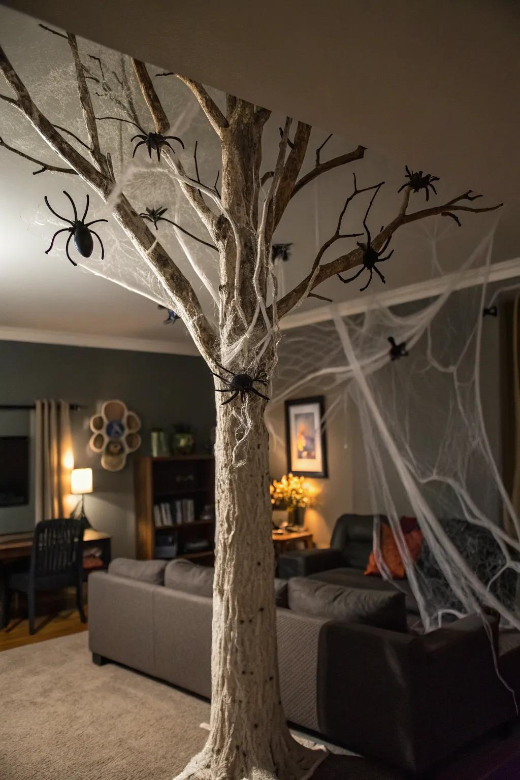 A Halloween tree featuring a spooky arachnid web design.