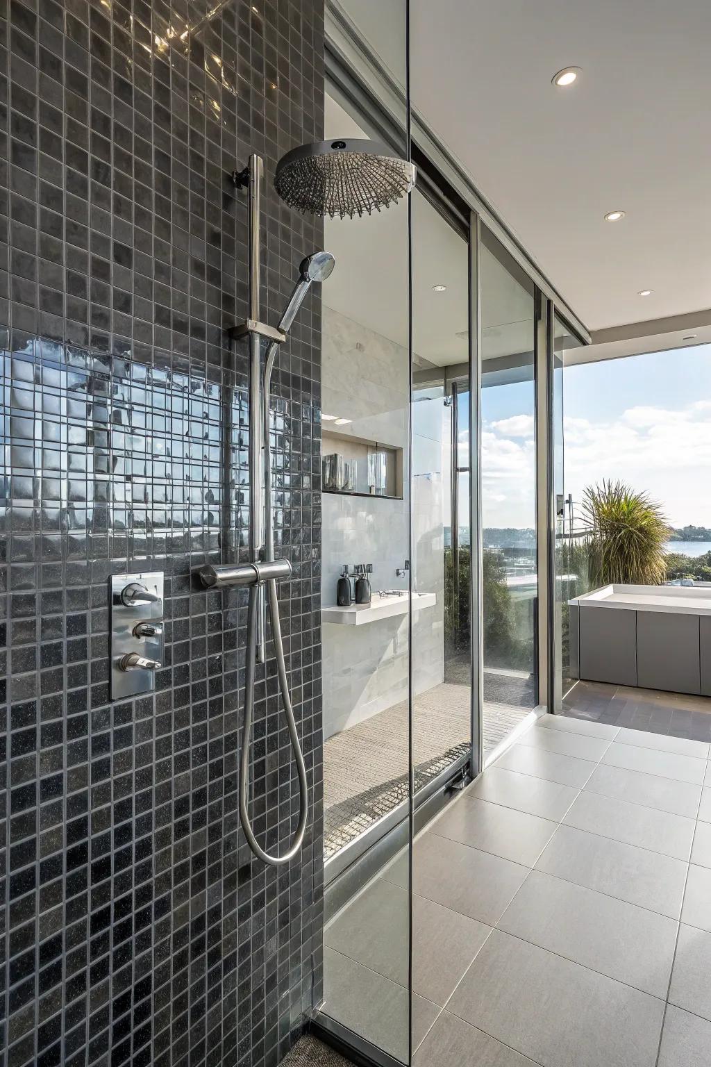 Achieve a body jets effect with shoulder-height aqua sprayer placement.