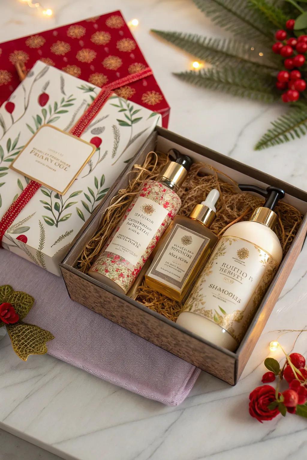 An elegant gift set of hand cleanser and related items