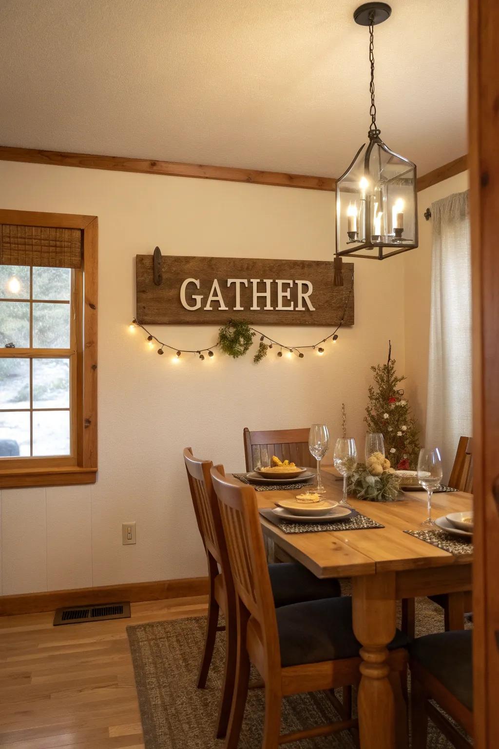A country wood sign that encourages warmth within the dining space.