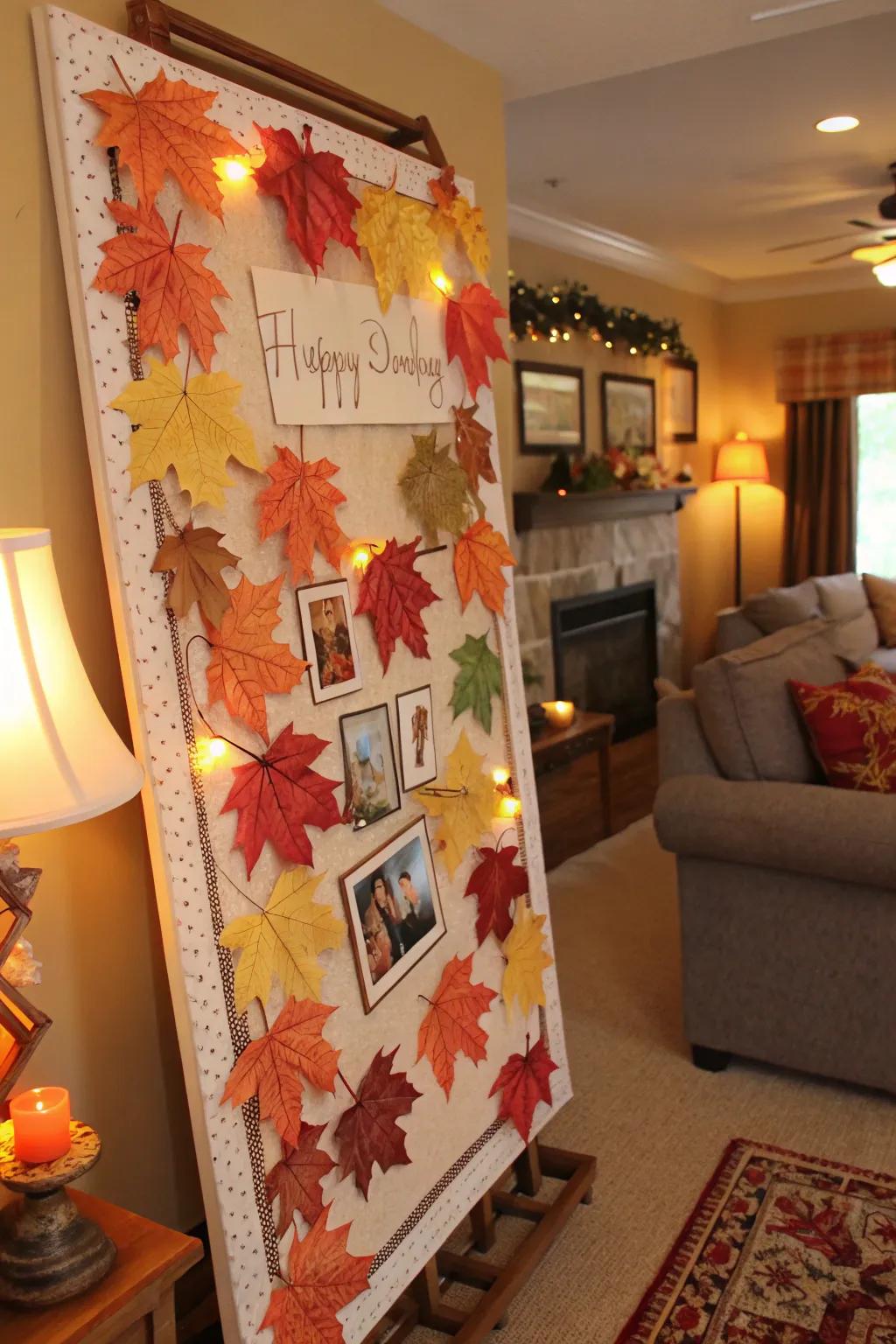 A seasonal birthday display that celebrates autumn using vibrant leaves.
