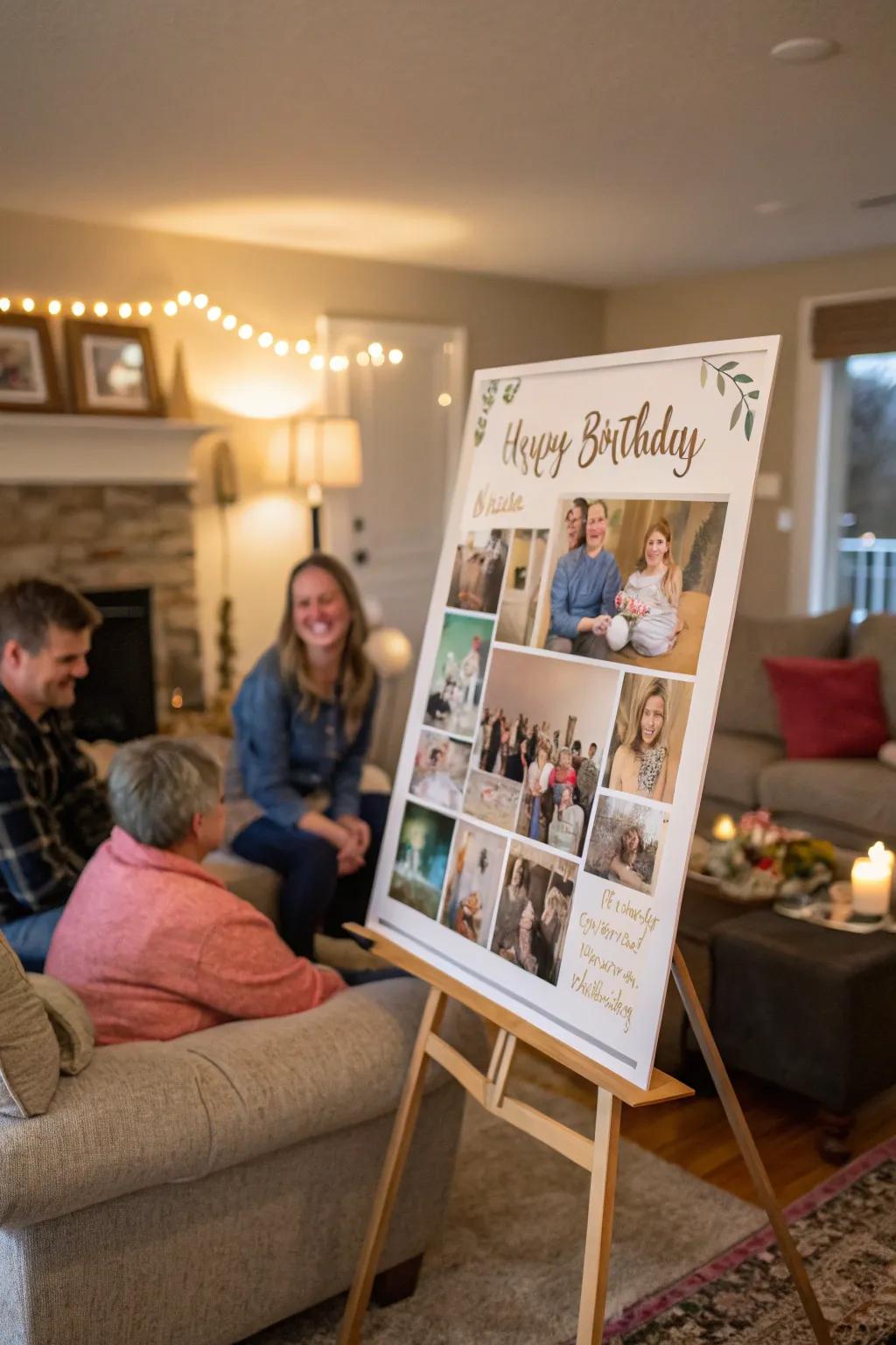 Photo collections on birthday displays commemorate cherished memories.