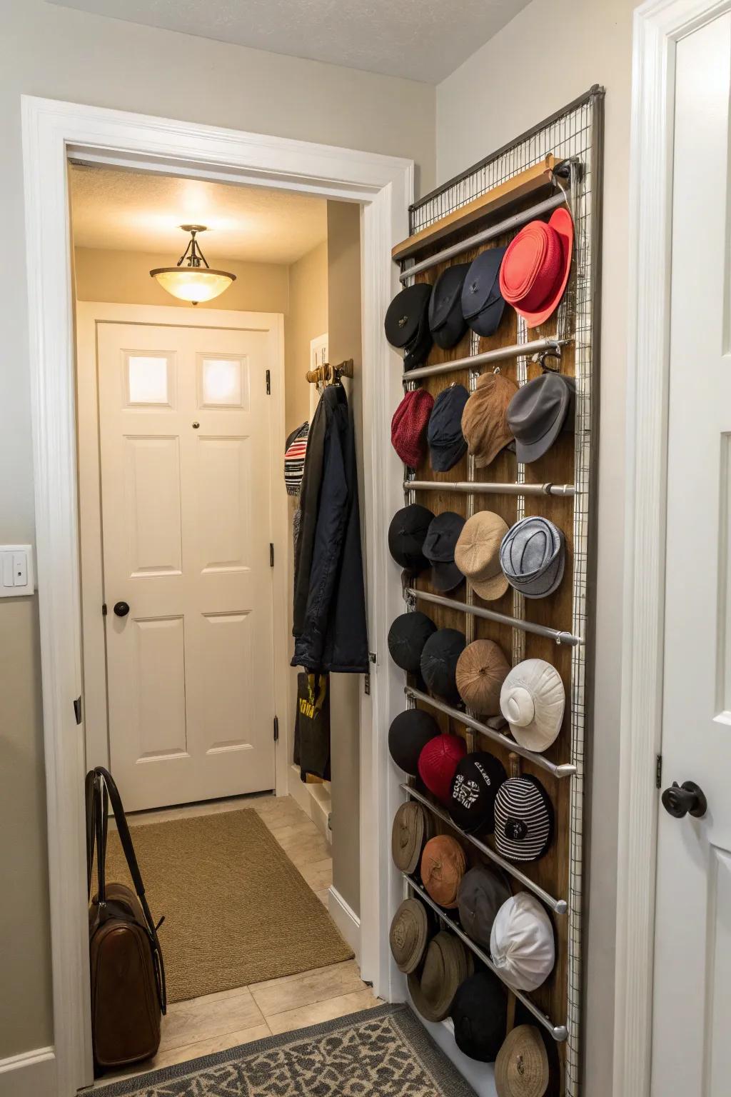 A storage option for hats that hangs over the door.