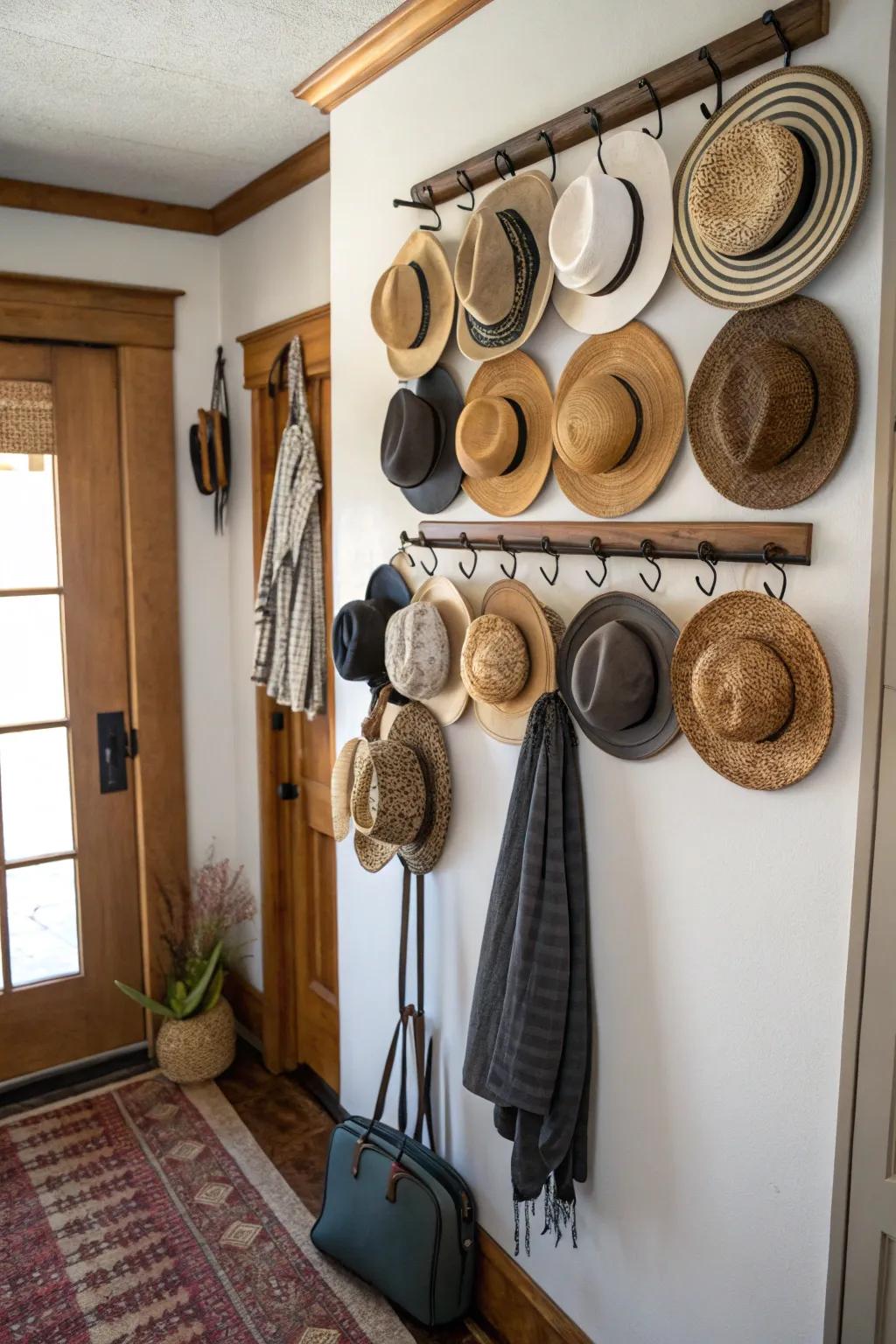 Maximize space using a mounted hat rack.