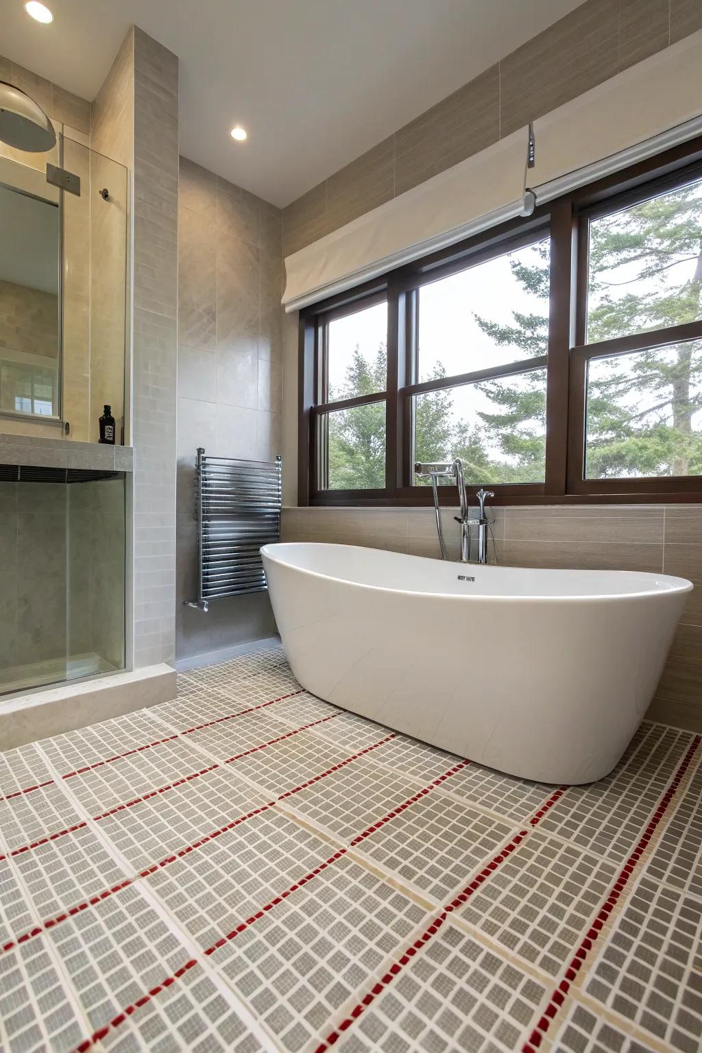 A modern bathroom enhanced with radiant floor heating, offering a hint of opulence and comfort.