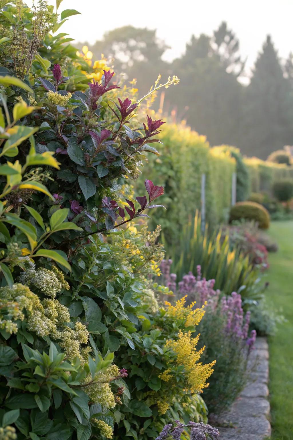 Assorted planting hedges present texture and visual interest