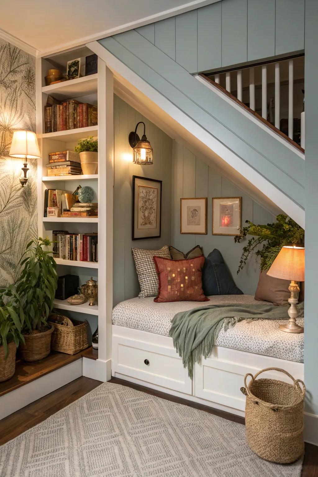 Cozy stairway bed nestled under the staircase