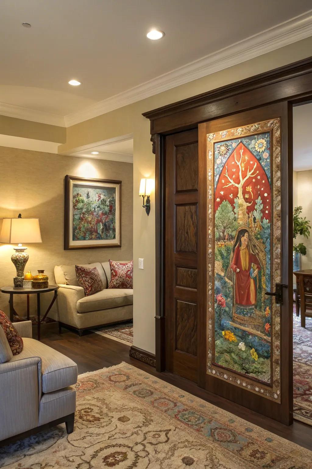 A living space showcasing a secret entrance concealed behind artwork.